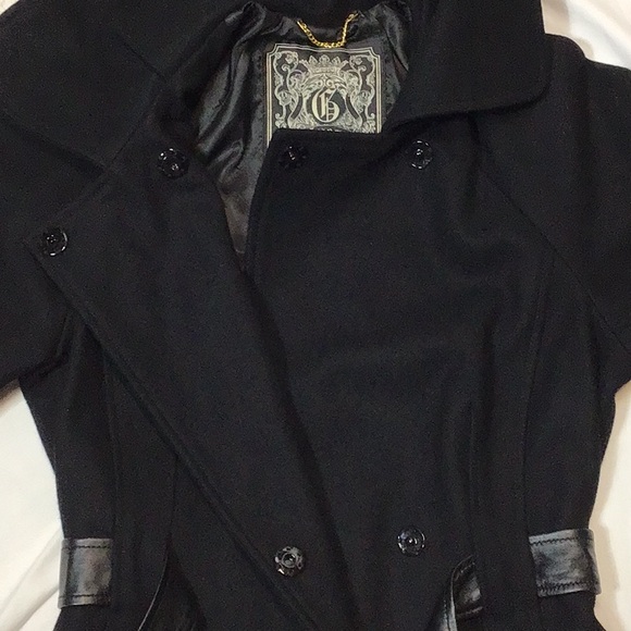 🖤 GUESS Black Wool Blend Leather Belt Snap Front Three-Quarter Bell Sleeves - Picture 9 of 12